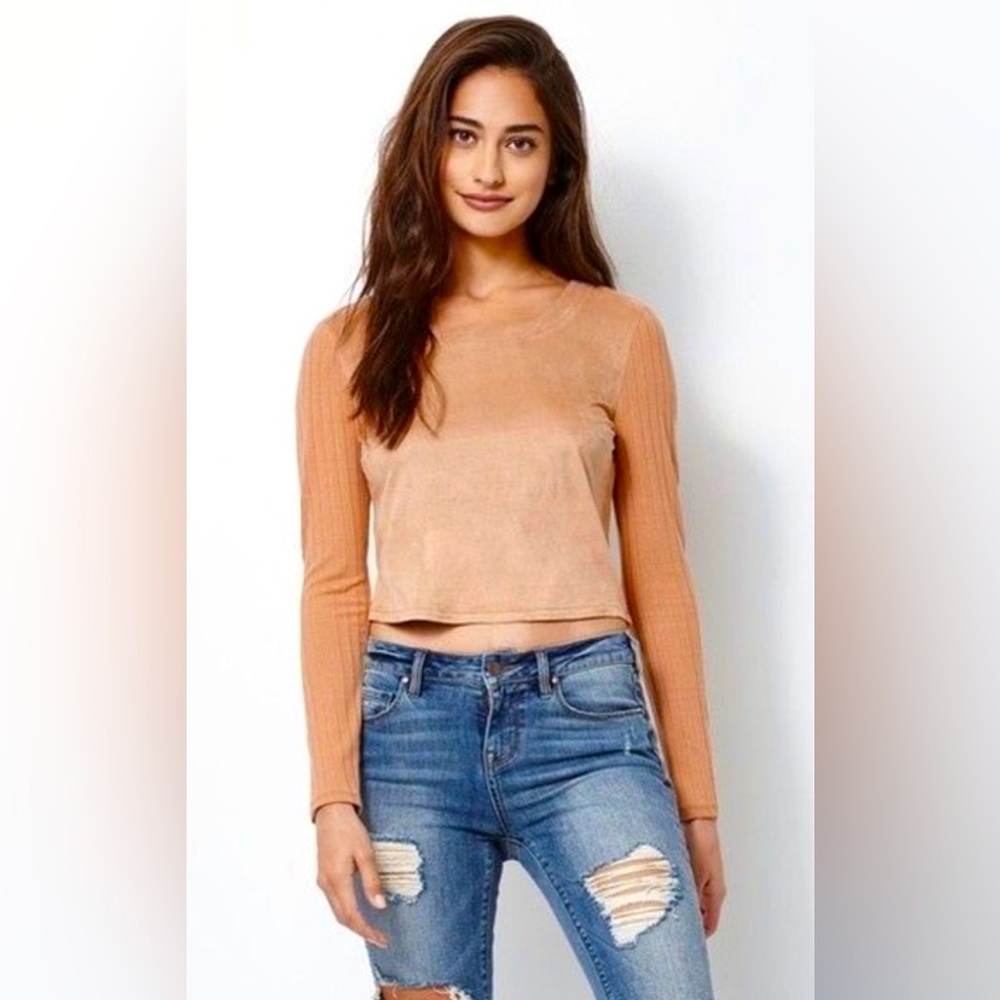 Kendall & Kylie Light Brown Faux Suede Ribbed Long Sleeve Top